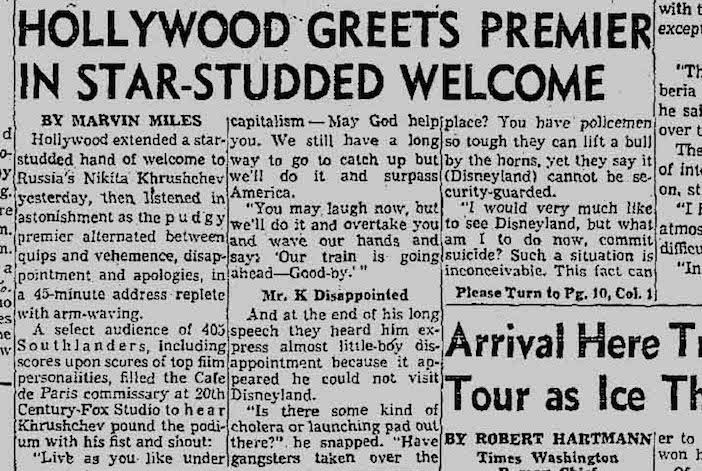 From the Los Angeles Times-- one of hundreds of front-page newspaper stories about Skouras' coup to invite the Soviet premier to his studio