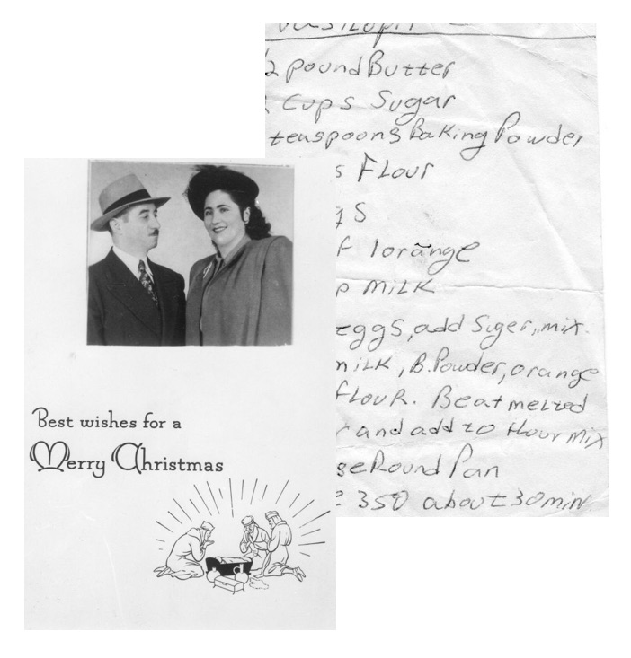 Mary's Thea Liza-- handwritten recipe and a vintage holiday card.